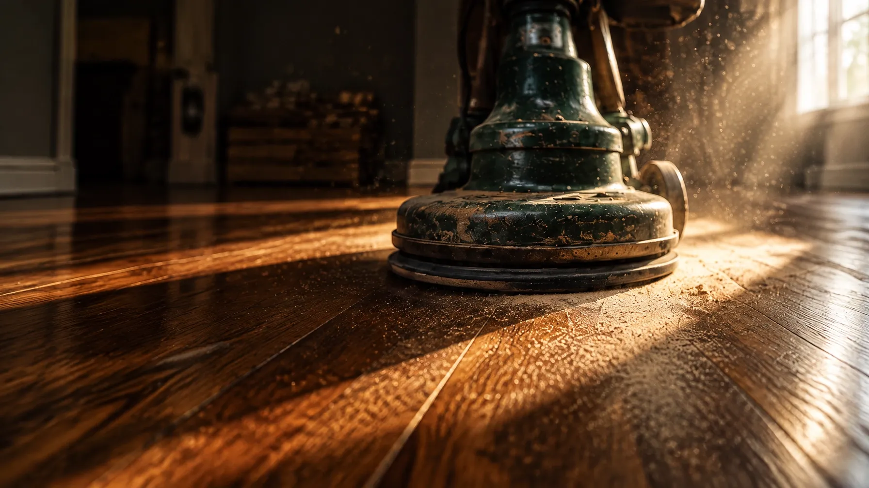 Professional floor buffer restoring the warm grain of hardwood boards